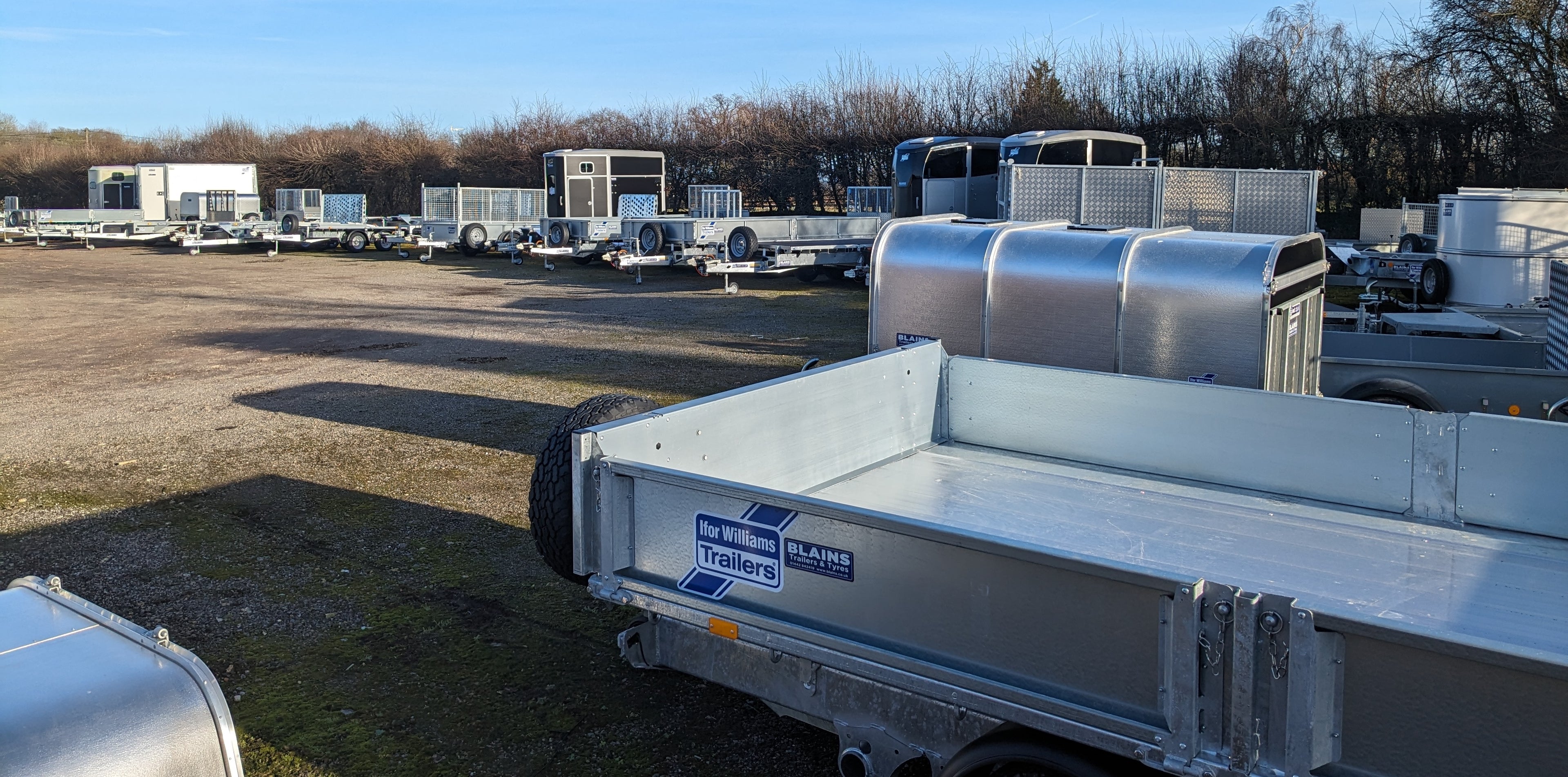 Ifor Williams Trailers in the Blains Trailers and Tyres yard ready for sale